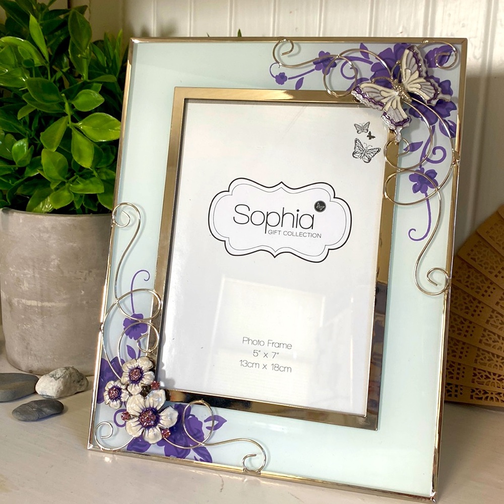 Purple Butterfly Flower Glass Picture Frame - 5x7